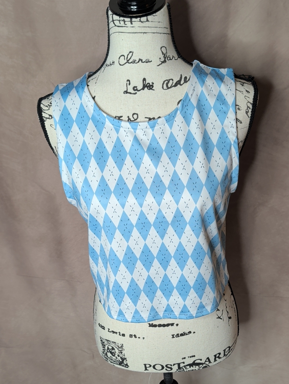 League 91 Sleeveless Blue and White Argyle Crop Athletic Top Size Large